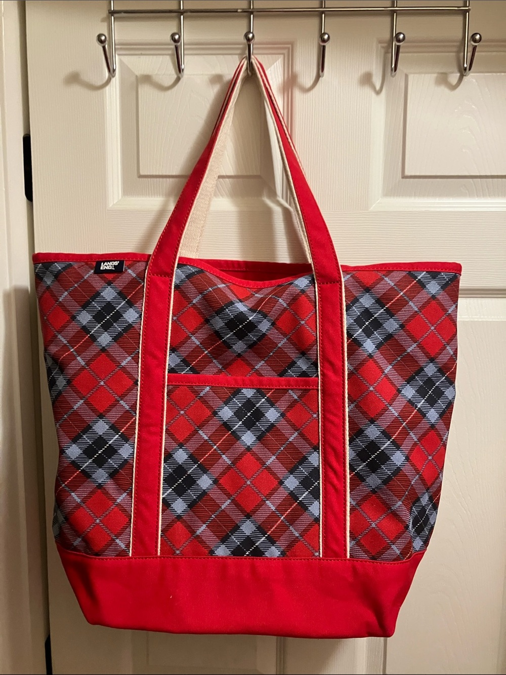 Lands' End Red Plaid Canvas Tote with Front Pocket - Picture 1 of 8